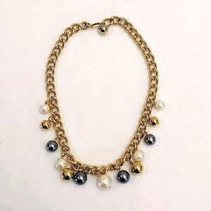 Vintage 90s Chunky Chains & Pearls Bauble Necklace Gold Tone #J210
